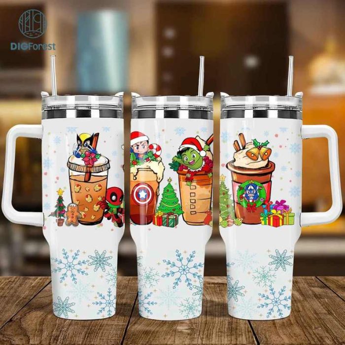 Christmas Superhero Latte 40oz Tumbler PNG, Funny Christmas Iced Coffee 40oz Tumbler, Christmas Party 40oz Wrap