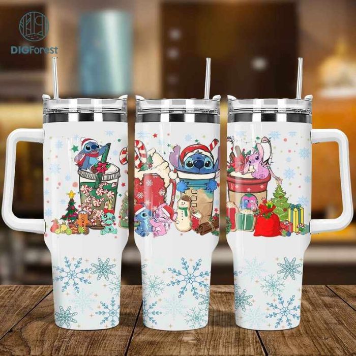 Disney Christmas Stitch And Angel Coffee 40oz Tumbler PNG, Christmas Iced Coffee 40oz Tumbler, Christmas Party 40oz Wrap