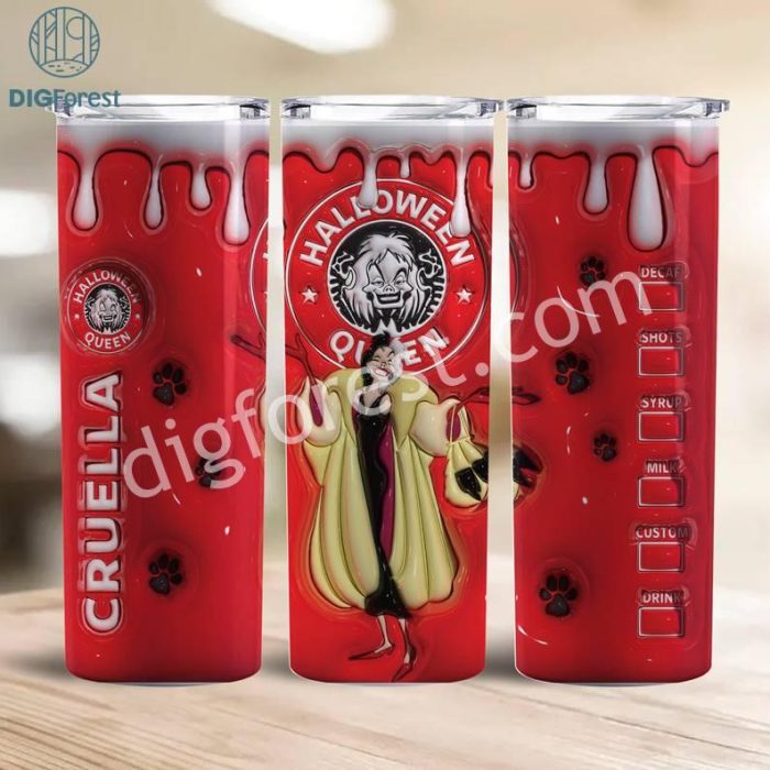 3D Inflated Puff Cruella Coffee Wrap Halloween, Horror Halloween Tumbler Design Skinny Tumbler 20oz, Halloween Design Tumbler