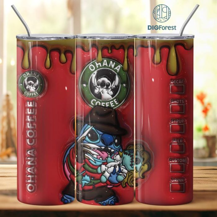 3D Inflated Puffy Disney Stitch Krueger Freddy Tumbler Wrap Halloween, Horror Halloween Tumbler Design Skinny Tumbler 20oz, Halloween Design