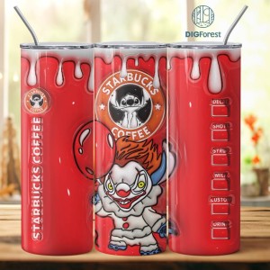 3D Inflated Puffy Stitch Penywise Tumbler Wrap Halloween, Horror Halloween Tumbler Design Skinny Tumbler 20oz, Halloween Design Star Coffee 20oz Tumbler