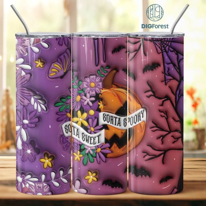 3D Inflated Puffy Sorta Sweet Tumbler Wrap Halloween, Horror Halloween Tumbler Design Skinny Tumbler 20oz, Halloween Floral Pumpkin 20oz Tumbler Design