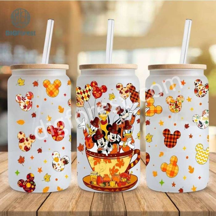 Disney Mickey Fall Autumn Thanksgiving 16oz Libbey Glass Can Wrap png, Halloween Pumpkins, Magic Kingdom, Fall Pumpkin Spice PNG, Tumbler 16oz Wrap