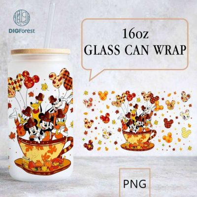 Disney Mickey Fall Autumn Thanksgiving 16oz Libbey Glass Can Wrap png, Halloween Pumpkins, Magic Kingdom, Fall Pumpkin Spice PNG, Tumbler 16oz Wrap