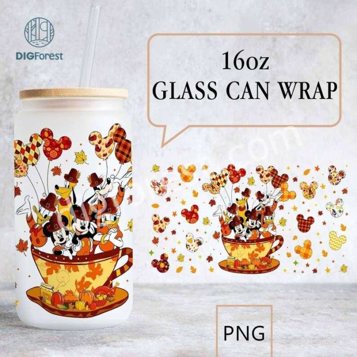 Disney Mickey Fall Autumn Thanksgiving 16oz Libbey Glass Can Wrap png, Halloween Pumpkins, Magic Kingdom, Fall Pumpkin Spice PNG, Tumbler 16oz Wrap