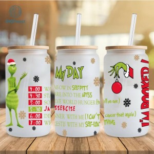 Grinch Cartoon 16oz Glass Can Christmas Tumbler Wrap, Merry Christmas Can Glass My Day Libbey Can Glass Christmas Vibes Pink Christmas Wrap