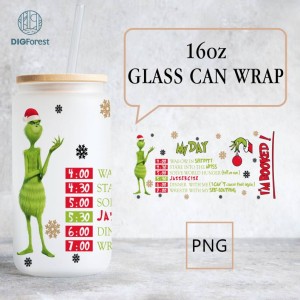 Grinch Cartoon 16oz Glass Can Christmas Tumbler Wrap, Merry Christmas Can Glass My Day Libbey Can Glass Christmas Vibes Pink Christmas Wrap
