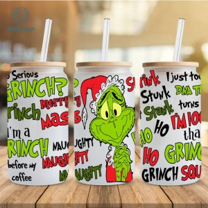 16oz Merry Grinchmas Libbey Glass Can Wrap Design Sublimation PNG | The Grinch Coffee Tumbler Wrap PNG | Grinch My Day Glass Can Wrap