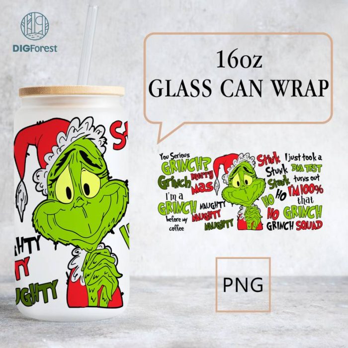 16oz Merry Grinchmas Libbey Glass Can Wrap Design Sublimation PNG | The Grinch Coffee Tumbler Wrap PNG | Grinch My Day Glass Can Wrap