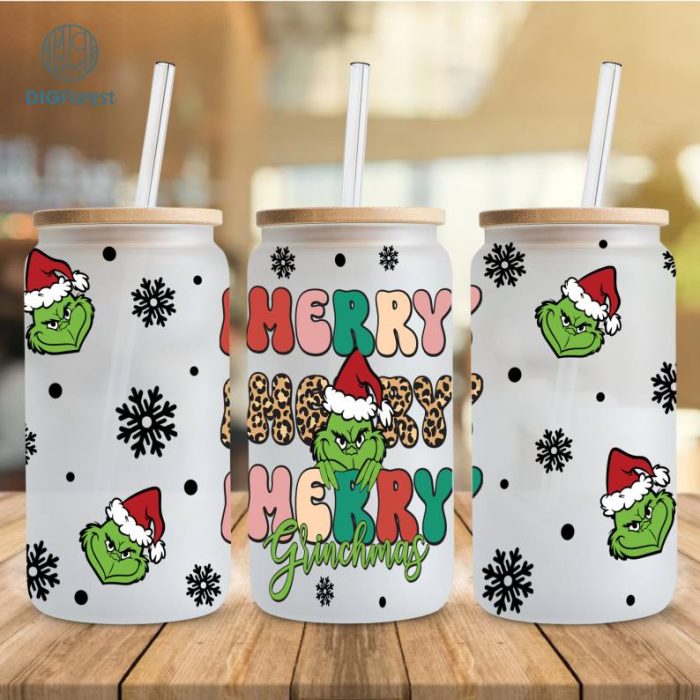 The Grinch Coffee Tumbler Wrap PNG | Grinch My Day Glass Can Wrap | Merry Grinchmas 16oz Libbey Glass Can Wrap Design Sublimation PNG