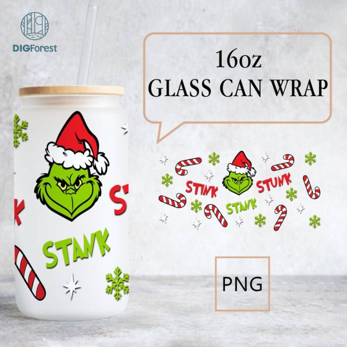 Merry Grinchmas 16oz Libbey Glass Can Wrap Design Sublimation PNG, The Grinch Coffee Tumbler Wrap PNG, Grinch My Day Glass Can Wrap