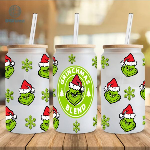 Merry Grinchmas 16oz Libbey Glass Can Wrap Design Sublimation PNG | The Grinch Coffee Tumbler Wrap PNG | Grinch My Day Glass Can Wrap