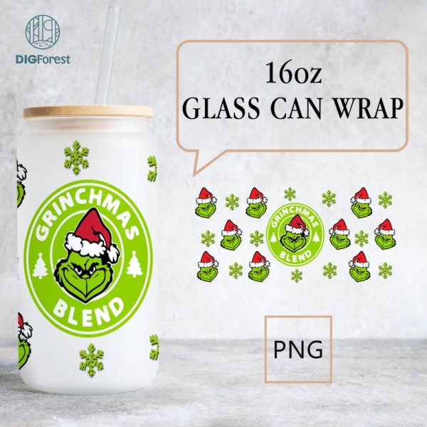 Merry Grinchmas 16oz Libbey Glass Can Wrap Design Sublimation PNG | The Grinch Coffee Tumbler Wrap PNG | Grinch My Day Glass Can Wrap
