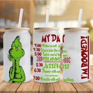 Grinch Cartoon 16oz Glass Can, Christmas Tumbler Wrap, Merry Christmas Can Glass My Day Libbey Can Glass Christmas Vibes Christmas Wrap