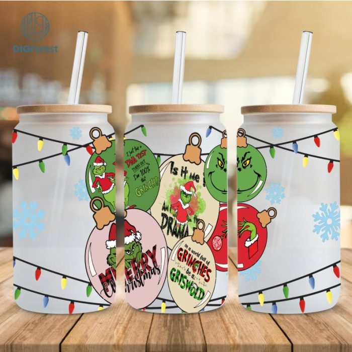 Merry Christmas Can Glass, Grinch Cartoon 16oz Glass Can, Christmas Tumbler Wrap, My Day Libbey Can Glass Christmas Vibes Pink Christmas Wrap