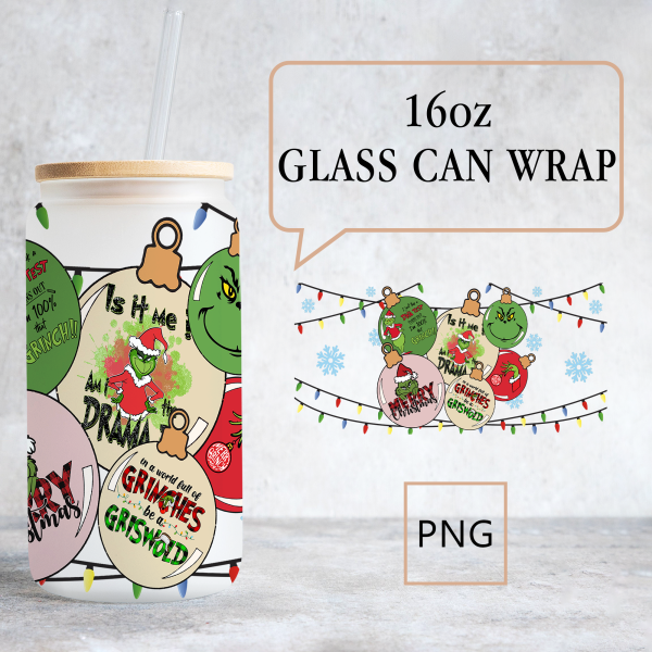 Merry Christmas Can Glass, Grinch Cartoon 16oz Glass Can, Christmas Tumbler Wrap, My Day Libbey Can Glass Christmas Vibes Pink Christmas Wrap