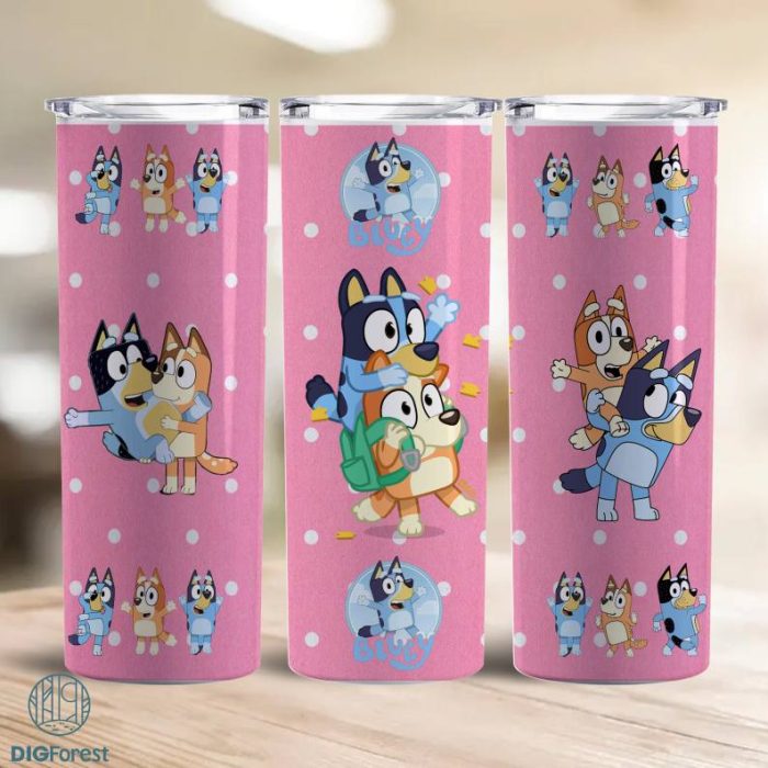 20oz Skinny Tumbler Bluey And Bingo Sublimation PNG, Blue Dog Tumbler Wrap Design Pink, Cartoons Characters 20oz Skinny Tumbler, Instant Download 20oz