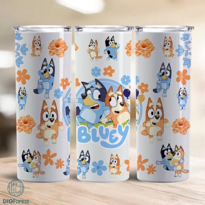 20oz Skinny Tumbler Bluey And Bingo Floral Sublimation Png, Cartoon 20oz Skinny Tumblers Designs Template, Digital Cartoon 20oz Skinny Tumblers Designs Template