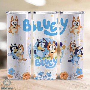 Cartoons Characters 20oz Skinny Tumbler, 20oz Skinny Tumbler Bluey And Bingo Floral Sublimation Png, Cartoon 20oz Skinny Tumblers Designs Template