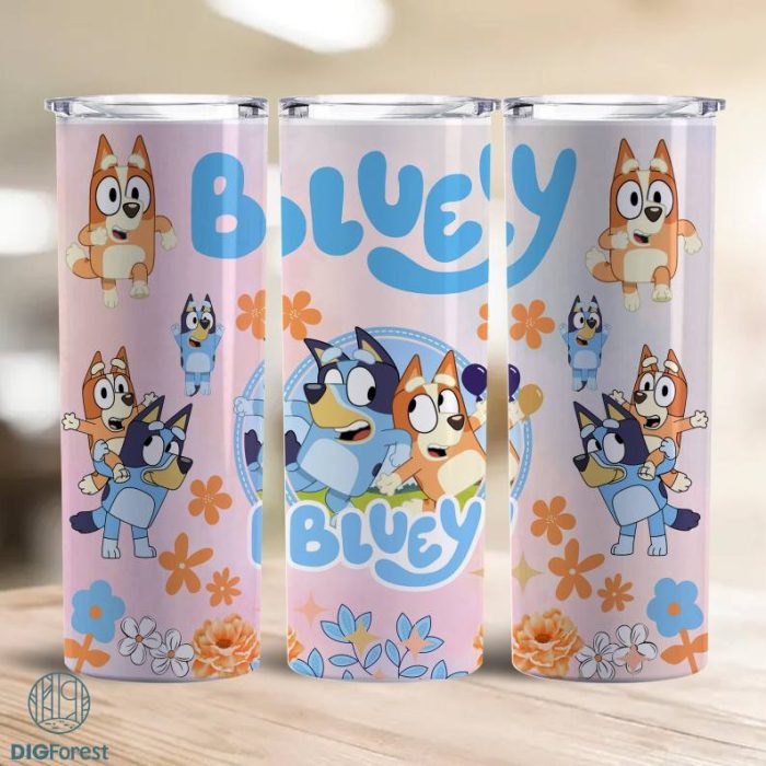 Floral Burst Bluey And Bingo 20oz Skinny Tumbler Wrap Design Pink, Bluey Friend Skinny Tumbler Png, Cartoons Characters 20oz Skinny Tumbler