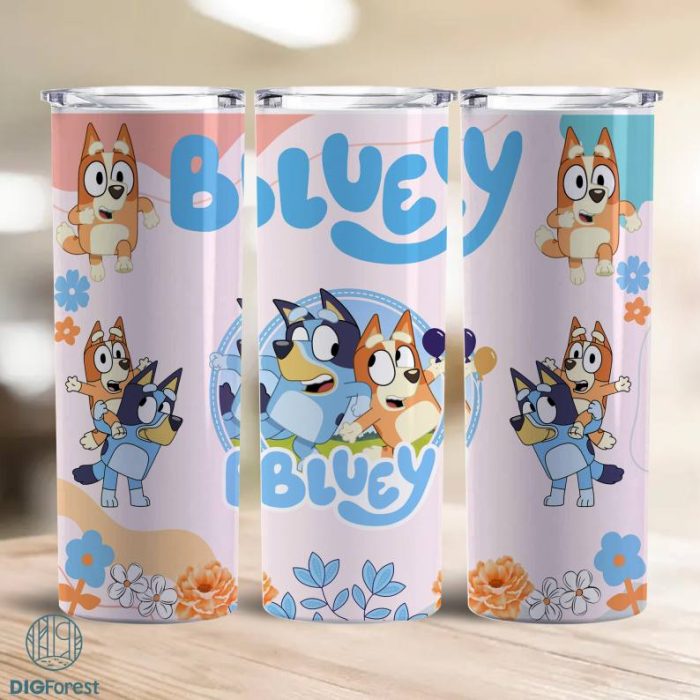 Bluey Friend Skinny Tumbler Png, Floral Bluey And Bingo 20oz Skinny Tumbler Wrap Design, Cartoons Characters 20oz Skinny Tumbler, Blue Dog Print Tumbler Wrap