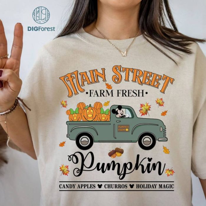 Vintage Main Street Farm Fresh Mickey Pumpkins Halloween Thanksgiving Png, Disney Mickey truck Halloween Png, Disneyworld Disneyland Halloween Shirt