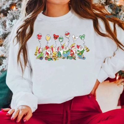 Santa Seven Dwarfs Christmas Balloon Mickey Ears Custom T-Shirt, Snow White Xmas Light PNG, Disneyland Vacation Holiday Party 2023 Gift