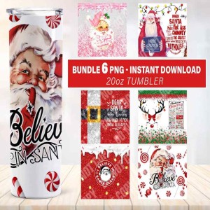 6 Christmas Tumbler Sublimation Designs, 20oz Skinny Tumbler Bundle Wrap, Santa Claus Christmas Theme, Tumbler PNG Designs Bundle