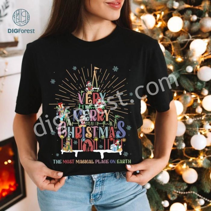 Vintage Retro Disney Mickey Castle Very Merry Christmas Png | Retro Mickey and Friends Christmas Party Png | Family Christmas Vacation 2023 Shirt