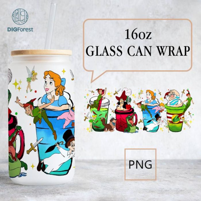 Disney Peter Pan Coffee 16oz Glass Can Wrap Png | Peter Pan Wendy Glass Can Wrap | Sublimation Design | Instant Digital Download