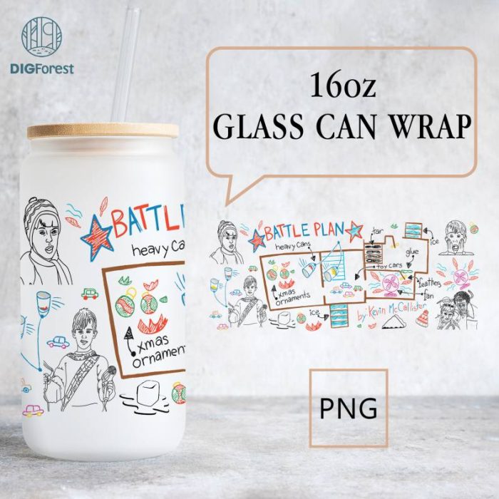 Home Alone Christmas 16oz Libbey Glass Can Wrap | Kevin Mccallister Holiday Gift Glass Can Sublimation Png | Home Alone Battle Plan PNG