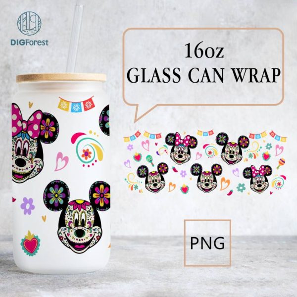 Disney Mouse Sugar Skull PNG | Dia De Los Muertos | Day of the Dead Cartoon 16oz Wrap | Halloween Mexico Libbey Glass Can Png | Spooky Season