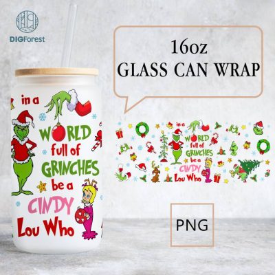 Merry Grinchmas 16oz Libbey Glass Can Wrap Design Sublimation PNG | The Grinch Christmas 2023 | Grinch Coffee Tumbler Wrap PNG