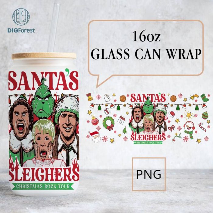 Santa's Sleighers Christmas Rock Tour Seamless 16Oz Libbey Glass Can Wrap PNG Digital File Download | Grinchmas PNG | Home Alone Glass Can