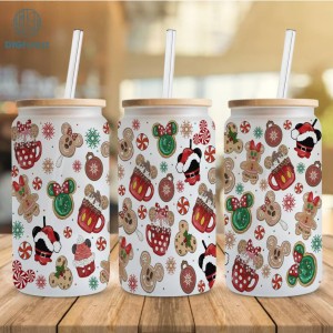 Disney Mickey and Friends Snacks Christmas 16oz libbey can Cartoon PNG | Disneyland Snacks Png | 16oz Libbey Can Glass | Christmas Tumbler Wrap