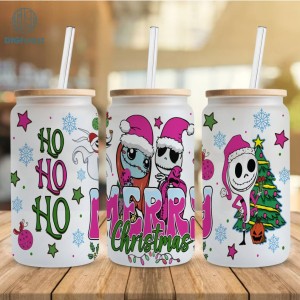 Nightmare Before Christmas Glass Can Png | Merry Christmas 16oz Libbey Glass Can Wrap | Christmas Png | Pink Green Christmas Disneyland Png