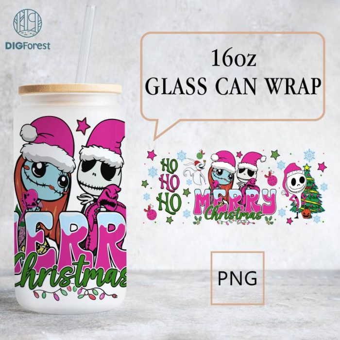 Nightmare Before Christmas Glass Can Png | Merry Christmas 16oz Libbey Glass Can Wrap | Christmas Png | Pink Green Christmas Disneyland Png