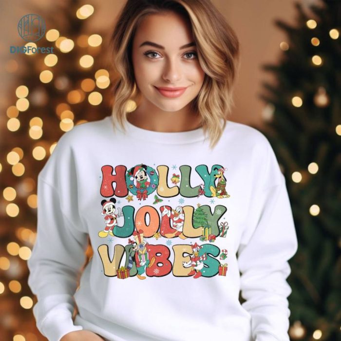 Disney Funny Cartoon Custom Xmas PNG, Mickey and Friends Holly Jolly Vibes Tshirt, Xmas Sweatshirt, Xmas Clothing, Digital File, Instant Download