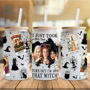 Halloween 100% That Witch 16oz Glass Can Png, Halloween Sanderson Witch Sisters Glass Can, Hocus Pocus Glass Wrap Design Png