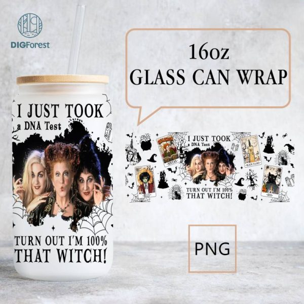 Halloween 100% That Witch 16oz Glass Can Png, Halloween Sanderson Witch Sisters Glass Can, Hocus Pocus Glass Wrap Design Png