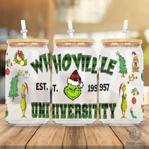 Whoville University Grinch Christmas 16oz Glass Can Wrap, The Grinch Tumbler Wrap Grinch, Christmas Grinch Cartoon Glass Can Wrap PNG