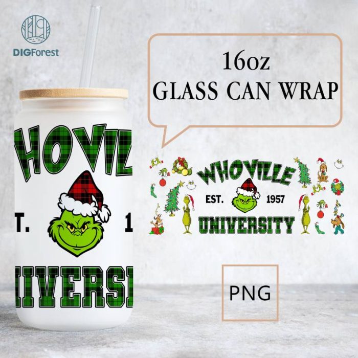 Whoville University Grinch Christmas 16oz Glass Can Wrap, The Grinch Tumbler Wrap Grinch, Christmas Grinch Cartoon Glass Can Wrap PNG