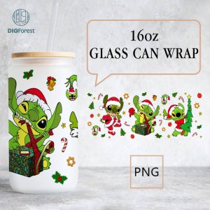 Disney Stitch Grinch Mode 16oz Libbey Glass Can Wrap Design Sublimation PNG | Merry Grinchmas 2023 Png | Grinch Coffee Tumbler Wrap PNG