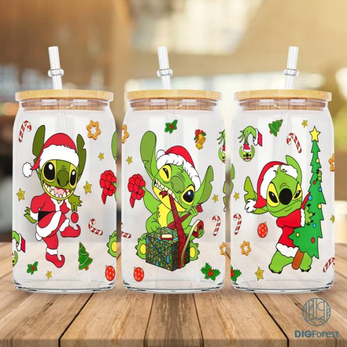 Disney Stitch Grinch Mode 16oz Libbey Glass Can Wrap Design Sublimation PNG | Merry Grinchmas 2023 Png | Grinch Coffee Tumbler Wrap PNG