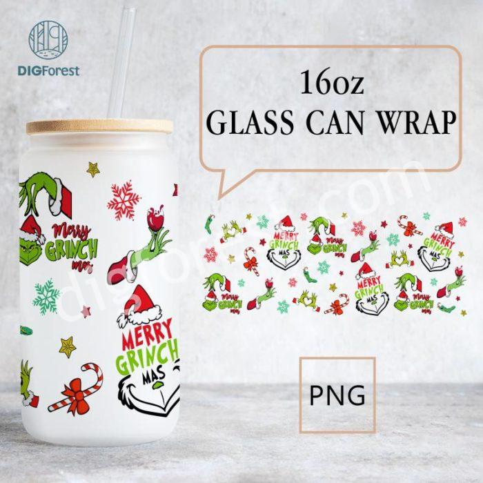 Grinch Coffee Tumbler Wrap PNG | Merry Grinchmas 16oz Libbey Glass Can Wrap Design Sublimation PNG | The Grinch Christmas 2023