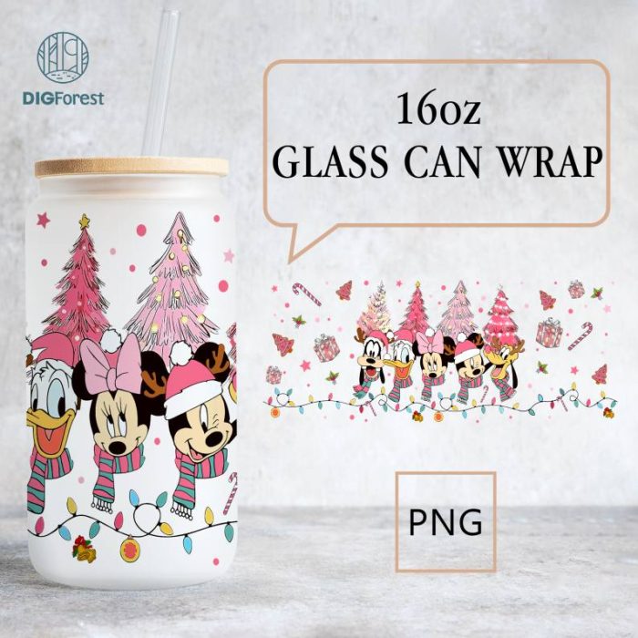 Disney Mickey and Friends Pink Christmas 16oz Glass Can Wrap PNG, Christmas Libbey Can Wrap, Pink Christmas Tree Can Wrap, Xmas Glass Can Wrap