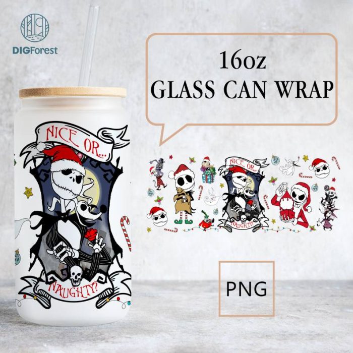 Christmas Nightmare Movie 16oz Glass Wrap Sublimation Design | Xmas Friends Jack Horror 16oz Libbey Glass Can Wrap Png | Instant Download