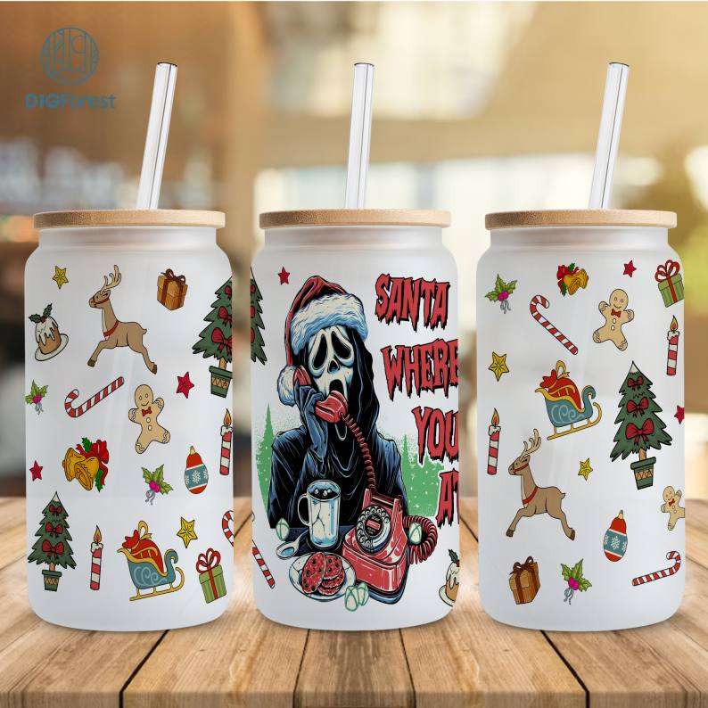 Christmas Scream Santa Where You At 16oz Glass Can Wrap, Neon Scary Movie Killer 16oz Libbey Glass Wrap Design Png, Instant Download