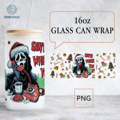 Christmas Scream Santa Where You At 16oz Glass Can Wrap, Neon Scary Movie Killer 16oz Libbey Glass Wrap Design Png, Instant Download Christmas Scream Santa Where You At 16oz Glass Can Wrap, Neon Scary Movie Killer 16oz Libbey Glass Wrap Design Png, Instant Download