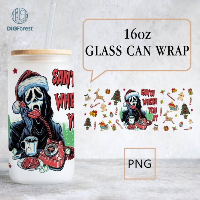 Christmas Scream Santa Where You At 16oz Glass Can Wrap, Neon Scary Movie Killer 16oz Libbey Glass Wrap Design Png, Instant Download